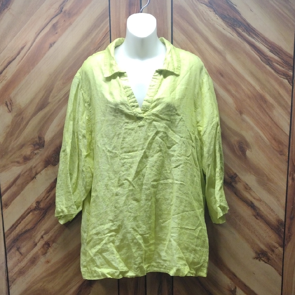 Tahari 100% Linen V-neck Tunic 3/4 Sleeve Side Buttons Chartreuse Size 2X